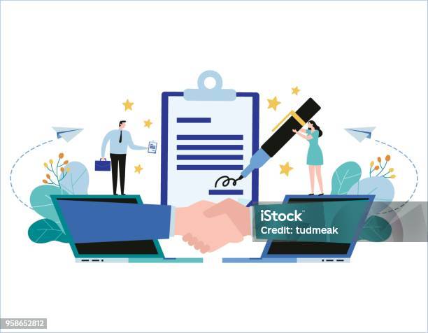 Hand Shake And Contract Business Vector Illustration Banner Partnership Concept Businessman Woman Flat Cartoon Design For Web Mobile Stock Illustration - Download Image Now