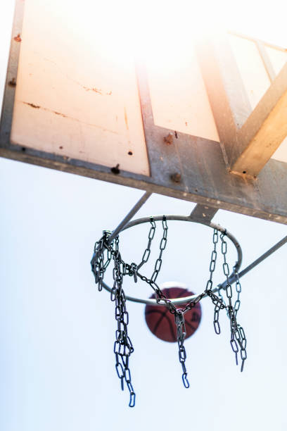 Basketball hoop and ball on sunny day