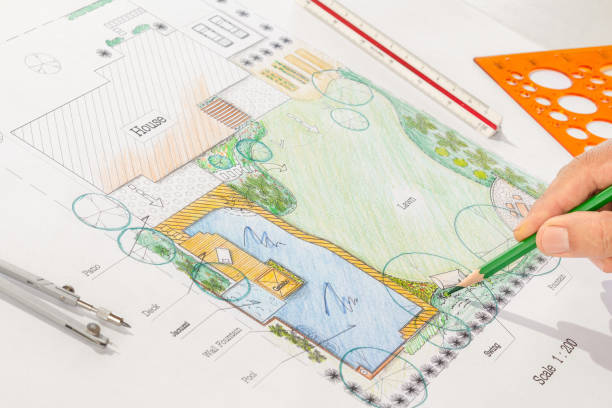 istock Landscape Architect design water garden plans for backyard 958654242
