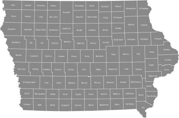 alabama county map vector outline, stan usa, w szarym tle - iowa map stock illustrations