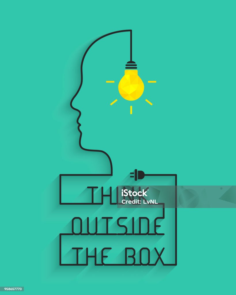 Think outside the box concept with lightbulb and head silhouette Wire of the light bulb forming the saying, the head and box itself. Light Bulb stock vector