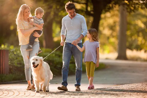 Photo of Happy family talking while walking with a dog in spring day.