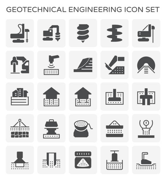 geotechnical engineering icon Geotechnical engineering and soil testing icon set. soil tester stock illustrations
