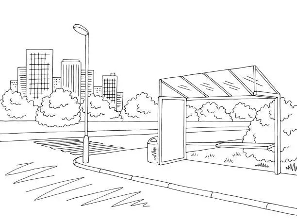 Vector illustration of Bus stop graphic black white city street landscape sketch illustration vector