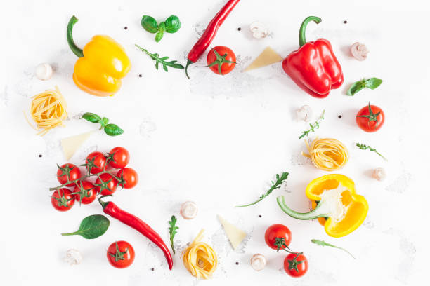 Ingredients for cooking pasta. Flat lay, top view, copy space