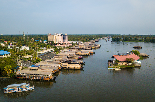 Alappuzha, Kerala  India - November 21, 2017: Bird's eye view photo of Alappuzha, India with the houseboats on the water - famous tourist destination.