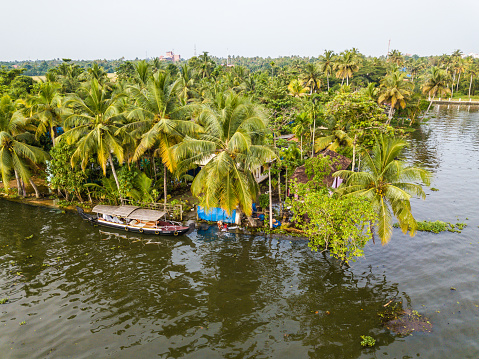 Alappuzha, Kerala  India - November 21, 2017: Bird's eye view photo of Alappuzha, India with the houseboats on the water - famous tourist destination.