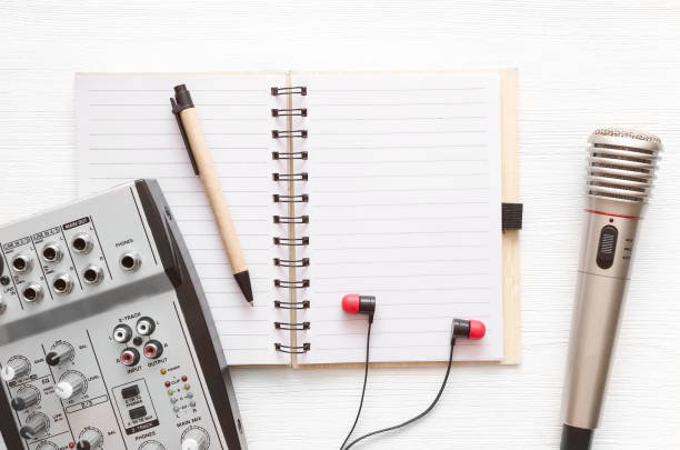 istock Audio recording studio desk table. Karaoke mock up. Song lyrics template. Microphone on white table background. 958673546