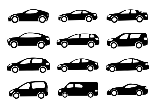 Set of twelve black car silhouettes on a white background. Vector illustration.