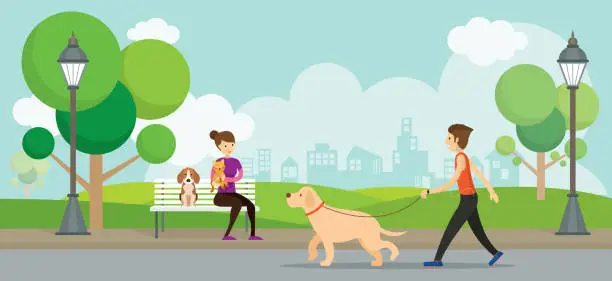 Vector illustration of Man and Woman with Pets in the Park
