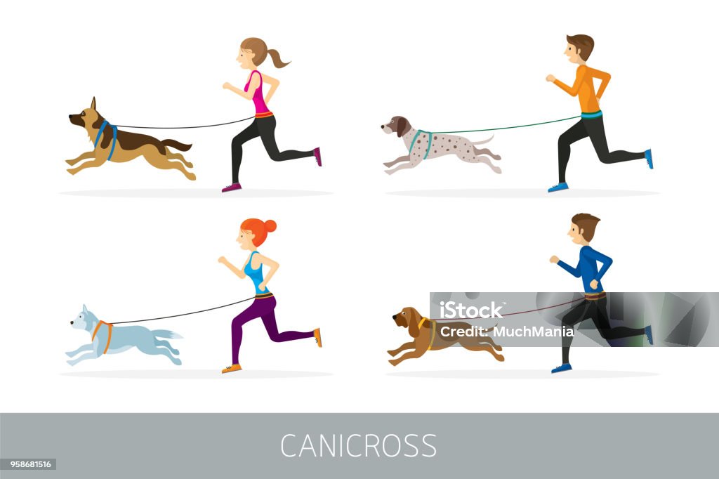 Canicross, gente corriendo con los perros - arte vectorial de Perro libre de derechos