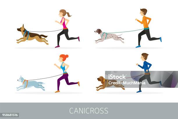 Ilustración de Canicross Gente Corriendo Con Los Perros y más Vectores Libres de Derechos de Perro - Perro, Aerobismo, Correr