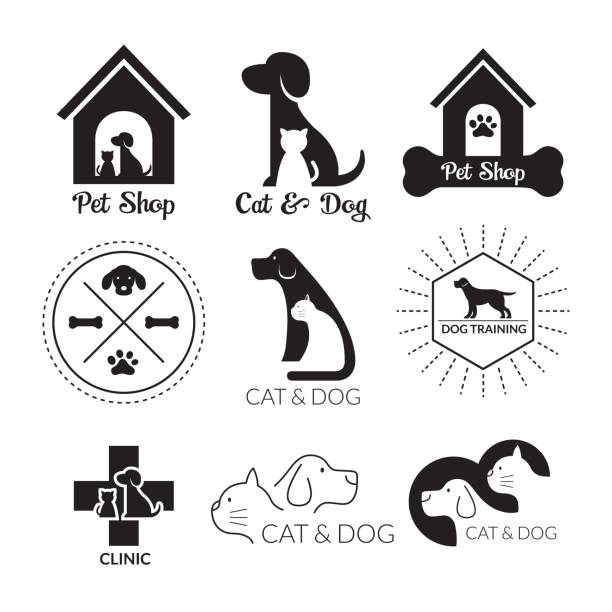 bildbanksillustrationer, clip art samt tecknat material och ikoner med husdjur logotyp och symbol svart och vitt - katt thai