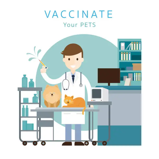 Vector illustration of Male Veterinarian Vaccinate Pets