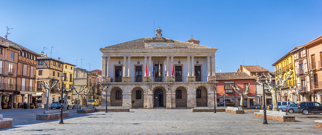 Toro, Spain - April 17, 2018: Panorama of the town hall on the main square of Toro, Spain