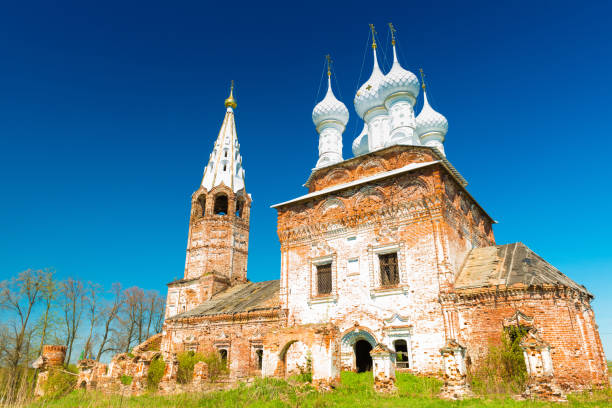 Dunilovo, Russia: View of "The Church of The Holy Virgin", during the renovation. Russian Culture Heritage Dunilovo - May 2018, Russia: View of "The Church of The Holy Virgin", during the renovation. Russian Culture Heritage. ivanovo oblast photos stock pictures, royalty-free photos & images