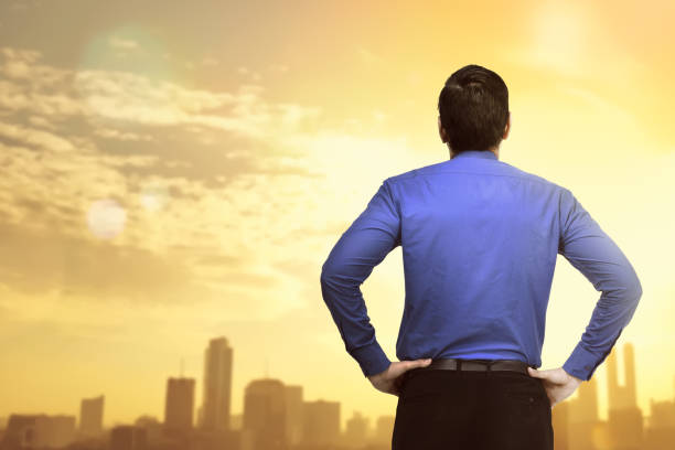 istock Back view of businessman looking at sunset view 958681852