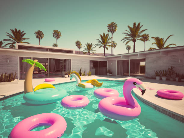 istock 3D rendering. a lot of different floats in a pool. retro style 958684262
