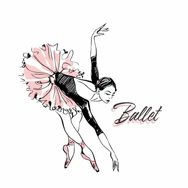 Vector illustration of Ballerina in pink ballet tutu. Dancer in a beautiful pose. Ballet. Inscription. Vector illustration.