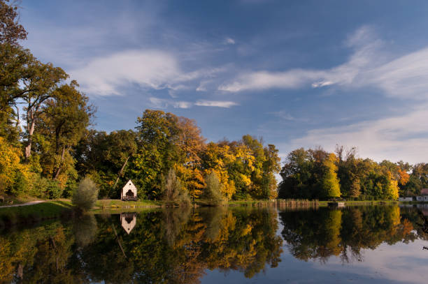 Lake with blue sky, Zagreb park. Beautiful park in Zagreb.