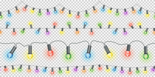 light strings seamless with transparency in vector file seamless light strings with burning bulbs in different colors and transparency in vector file string lights party stock illustrations