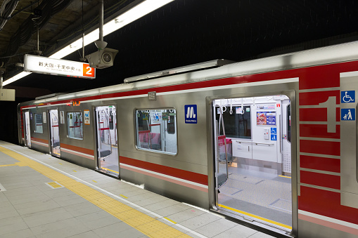 Osaka, Japan - May 3, 2018: Osaka Metro Midosuji Line train in Nakatsu Station Osaka Prefecture, Japan. It is operated by the Osaka Metro.