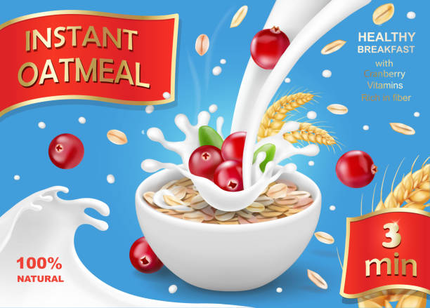 Oat flakes with cranberry, oatmeal advertising with milk splash Oat flakes with cranberry, oatmeal advertising with milk splash. oat wheat oatmeal cereal plant stock illustrations