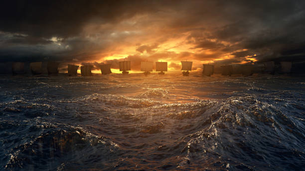 navi vichinghe sul mare tempestoso. - viking foto e immagini stock