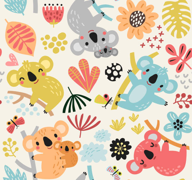 ilustrações de stock, clip art, desenhos animados e ícones de cute koala. pattern with a koala - koala animal love cute