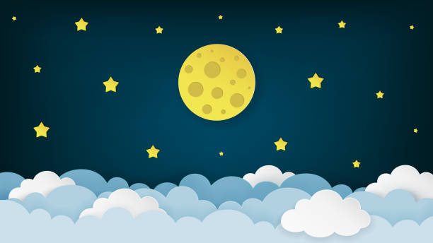 Full moon, stars, and clouds on the dark midnight sky background. Night sky scenery background. Paper art style. Clean and minimal design. Vector Illustration. Full moon, stars, and clouds on the dark midnight sky background. Night sky scenery background. Paper art style. Clean and minimal design. Vector Illustration. moon borders stock illustrations