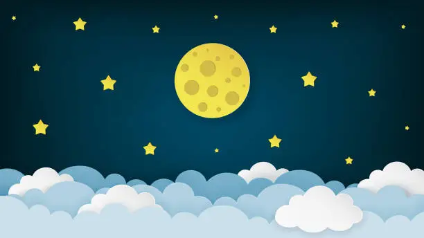 Vector illustration of Full moon, stars, and clouds on the dark midnight sky background. Night sky scenery background. Paper art style. Clean and minimal design. Vector Illustration.