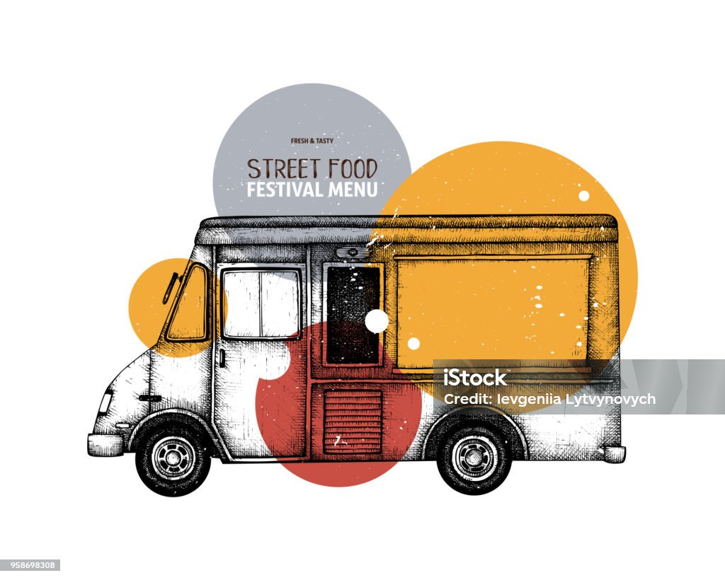 Vector fast food truck design Vintage food truck sketch. Vector template for logo, icon, label, packaging, poster. Fast food festival menu design. Taco stock vector