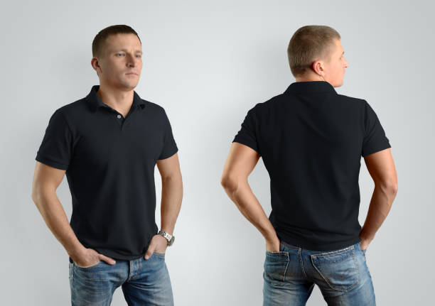 istock Mockup  black polo shirt on a man on gray background. Front view and back. 958698614