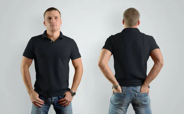 Mockup  for the design of clothes black  polo shirt. Male model, front view and back. Template can be used for your showcase.