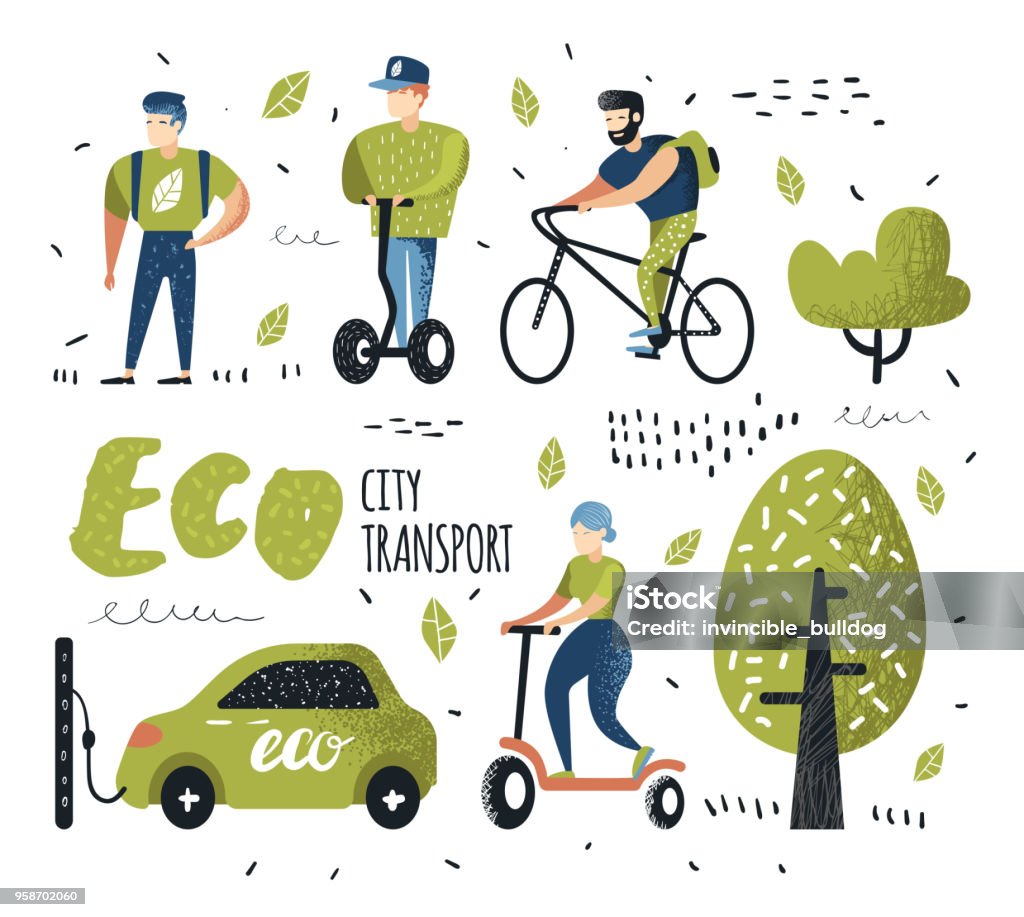 People Riding Eco Transportation. Green Urban City Transport. Ecology Concept. Man on Bicycle, Woman on Pushscooter, Electrical Car. Vector illustration Environmental Conservation stock vector