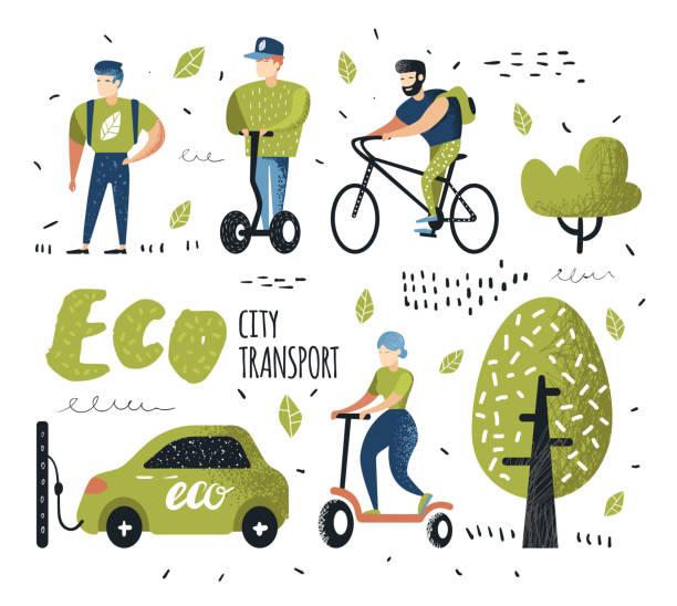 People Riding Eco Transportation. Green Urban City Transport. Ecology Concept. Man on Bicycle, Woman on Pushscooter, Electrical Car. Vector illustration People Riding Eco Transportation. Green Urban City Transport. Ecology Concept. Man on Bicycle, Woman on Pushscooter, Electrical Car. Vector illustration recycling illustrations stock illustrations
