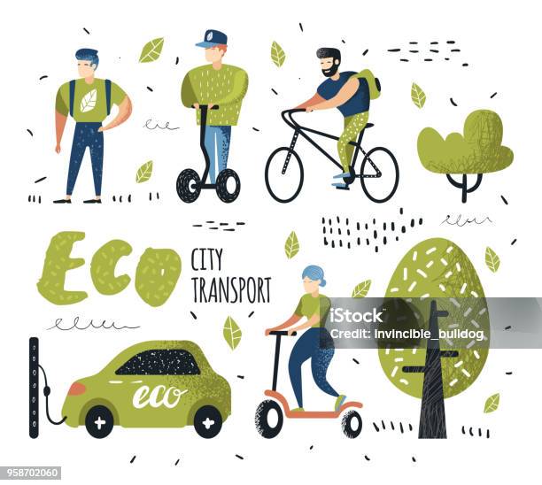 People Riding Eco Transportation Green Urban City Transport Ecology Concept Man On Bicycle Woman On Pushscooter Electrical Car Vector Illustration Stock Illustration - Download Image Now