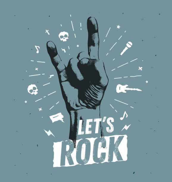 monochromatyczna antyczna etykieta vintage hipster, odznaka, herb rock and roll na logo plakatu ulotki lub odzież t-shirt z napisem ręka i błyskawica - technika grunge ilustracje stock illustrations