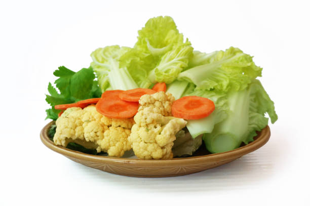 Vegetable set: green sweet basil ( Thai basil ), Celery (Smallage), morning glory, cauliflower, Chinese cabbages and orange carrots