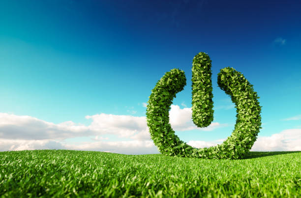 istock Eco friendly renewable energy concept. 3d rendering of green power button sign on fresh spring meadow with blue sky in background. 958709512