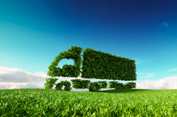 eco-freundliche transport-konzept. 3d-rendering des grünen grünen lastwagen-symbol auf frische frühlingswiese mit blauen himmel im hintergrund. - personal land vehicle audio stock-fotos und bilder