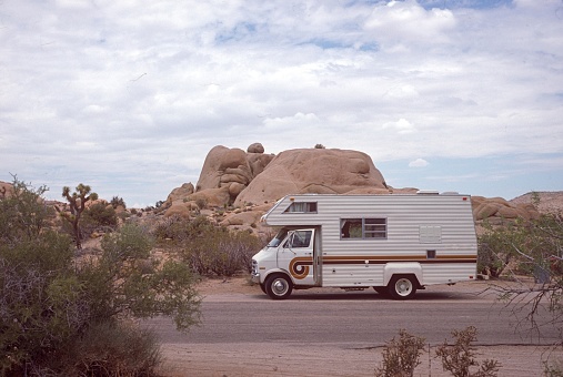 California, USA, 1975. Caravan in the California Desert.
