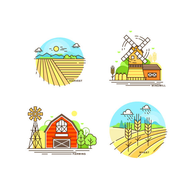 illustrazioni stock, clip art, cartoni animati e icone di tendenza di collezione di logo agricoli in line design. paesaggi agricoli, fienile, mulino a vento, illustrazione piatta vettoriale cropfield isolata su sfondo bianco. etichette per prodotti ecoaioe naturali - agriculture tree rural scene nature