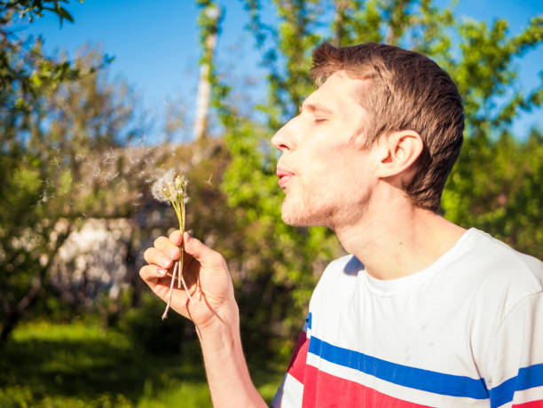 istock bearded man blowing at dandelion on a sunny day 958714336