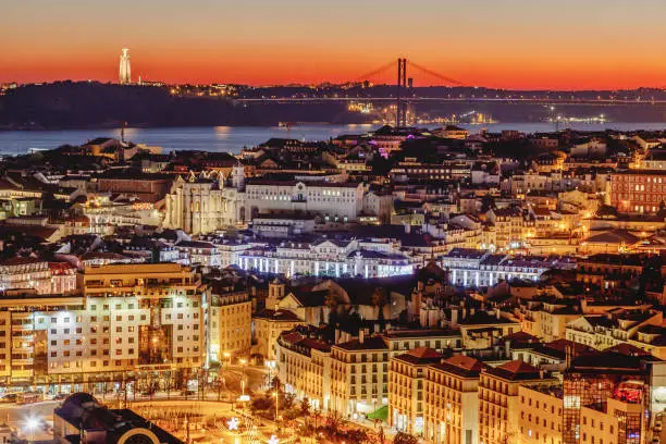 Photo of beautiful cityscape, Lisbon, the capital of Portugal at sunset. A popular destination for traveling through Europe, one of the most beautiful cities in the world