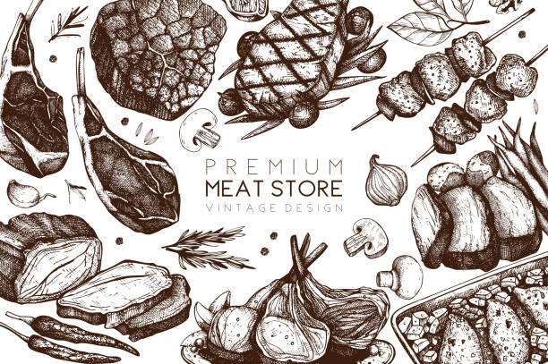 Vector meat store design Vector design with hand drawn food illustration.Top view design. Restaurant menu. Meat products collection. Vintage template. meat backgrounds stock illustrations