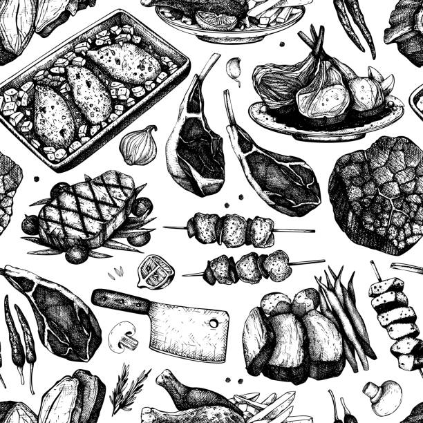 Seamless meat pattern Vector backgorund with hand drawn food illustrations. Restaurant menu design. Meat products collection. Vintage seamless pattern. meat patterns stock illustrations