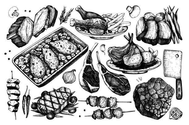 ilustrações, clipart, desenhos animados e ícones de coleção de desenho vetorial carne loja - produto de carne