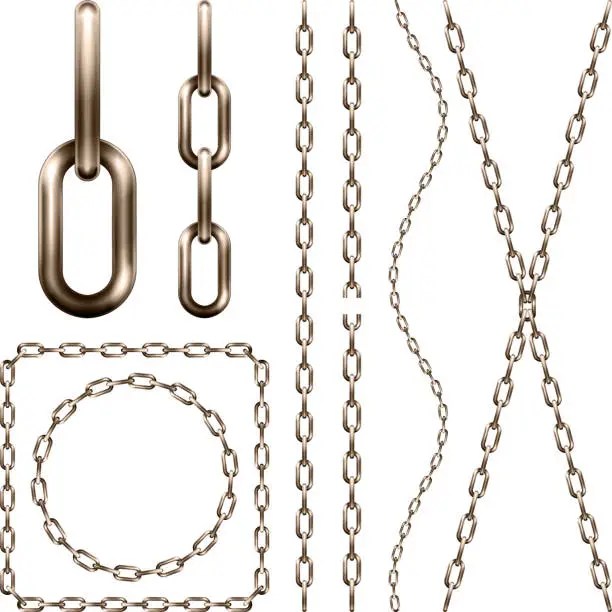 Vector illustration of Set of  realistic brown metal chain, isolated on white