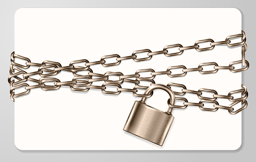 The realistic  brown metal chain and padlock, handcuffed card, vector illustration